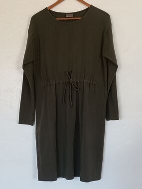 Earthaddict Cotton Olive Knit Drawstring Waist Shift Dress 36 Large
